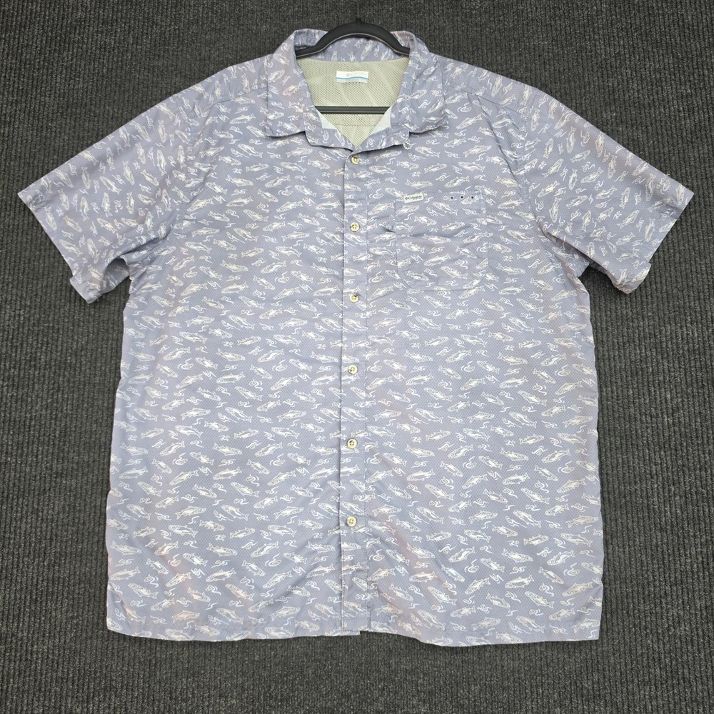 Columbia PFG Fish Print Short Sleeve Button Down Shirt Mens XL Blue FM1039